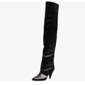 XYD Sassy Cone Mid Heels Thigh High Boots for Women Over The Knee Pointed Toe